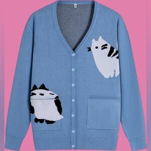 Blue Button-Up Cardigan with Cat Intarsia